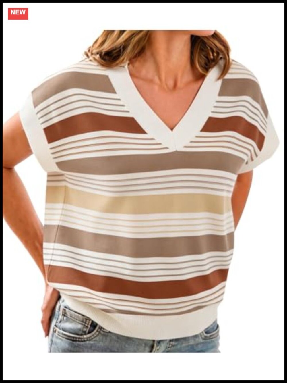 Striped Color Block Cap Sleeve Sweater Vest V Neck Knit Pullover